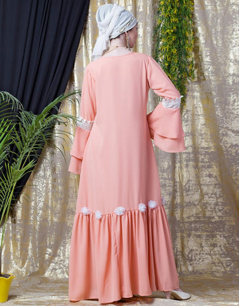 Dubai Bell Sleeve flowers around knee party Abaya Peach